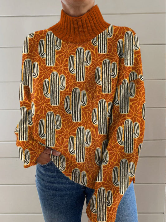 Orange Floral Pattern Cactus Printing Knit Turtleneck Pullover Sweater