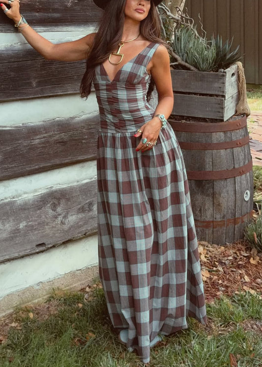 Plaid Ruched Drop-Waist Maxi Dress