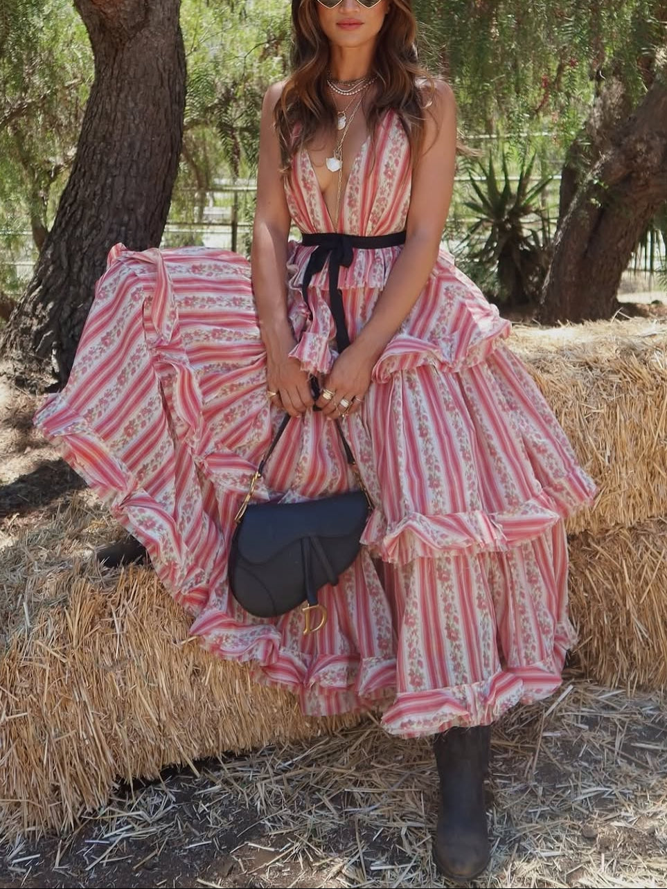 Pink Striped Ruffle Tiered Midi Dress