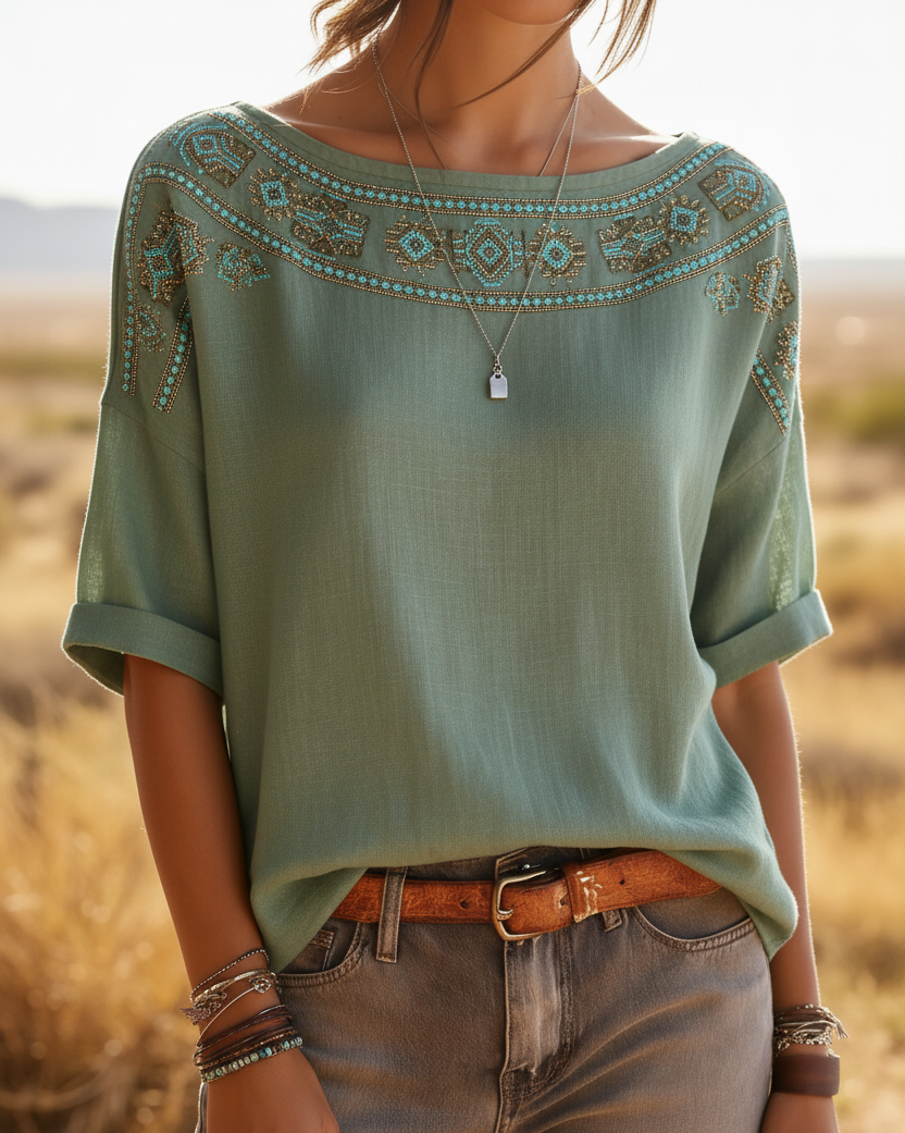 Sage Green Turquoise Embroidery Aztec Top