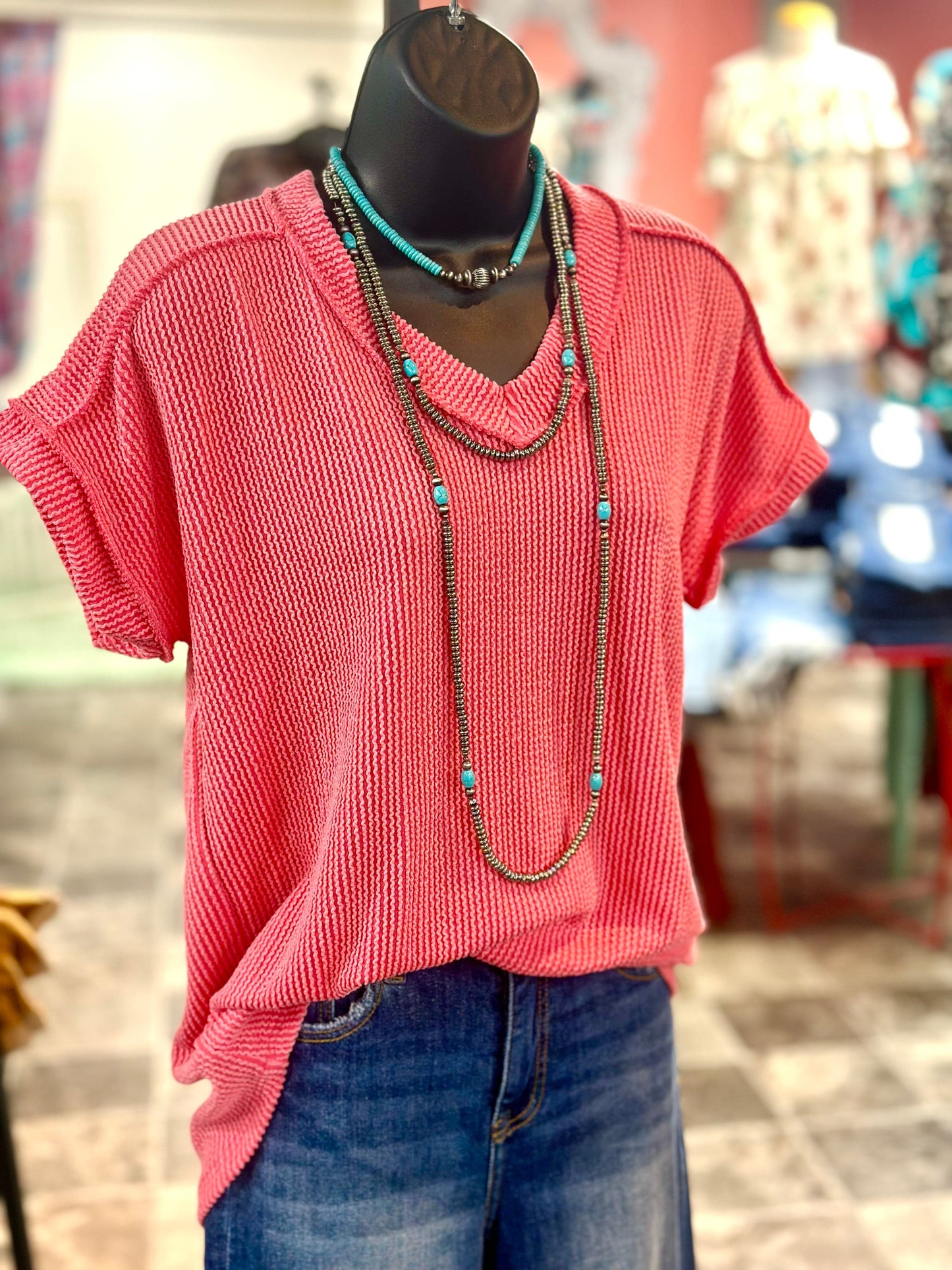 The Coral Moonlight Corded V Neck Top