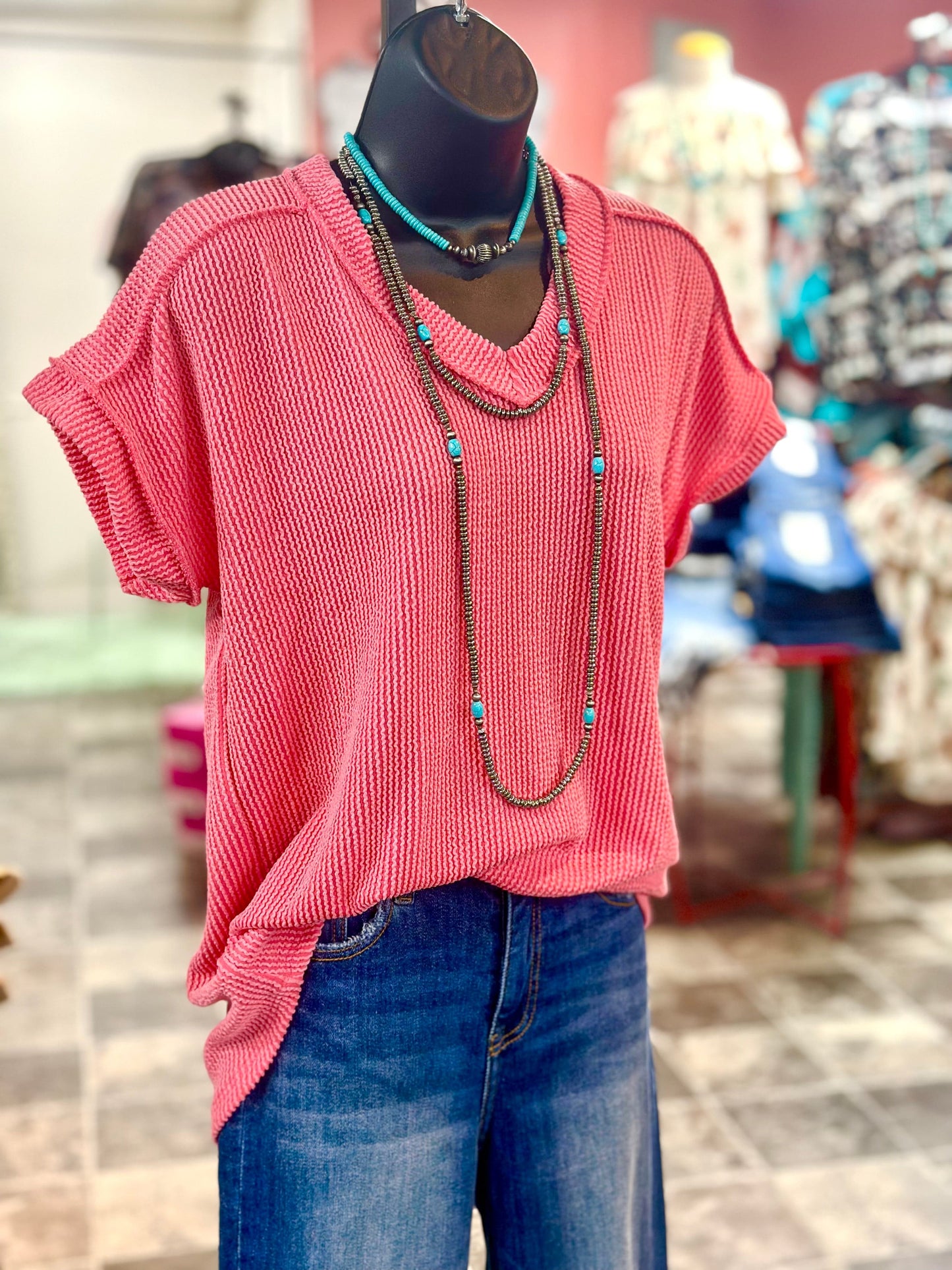 The Coral Moonlight Corded V Neck Top