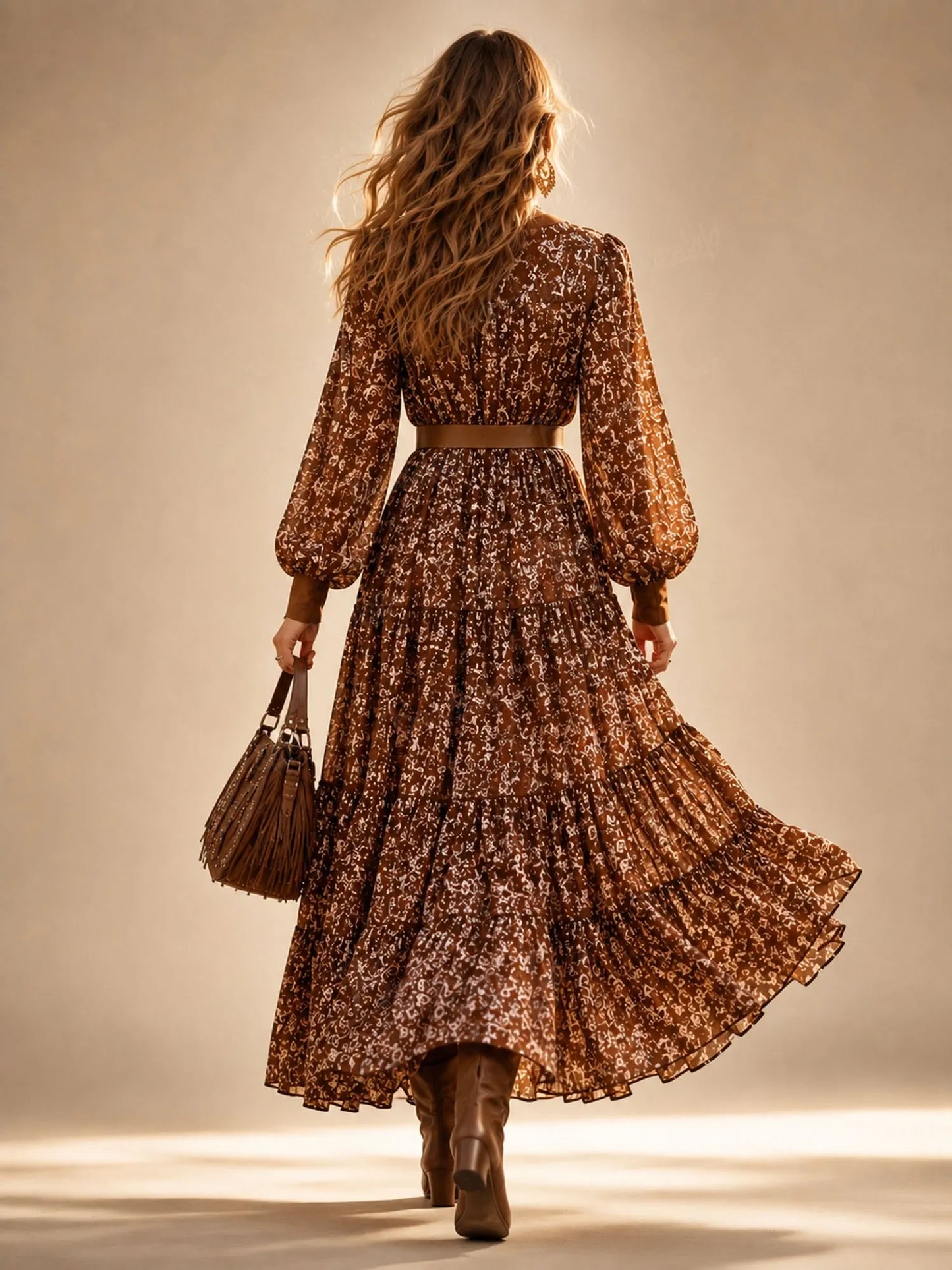 Brown Vintage Floral Deep V Lantern Sleeve Tiered Maxi Dress