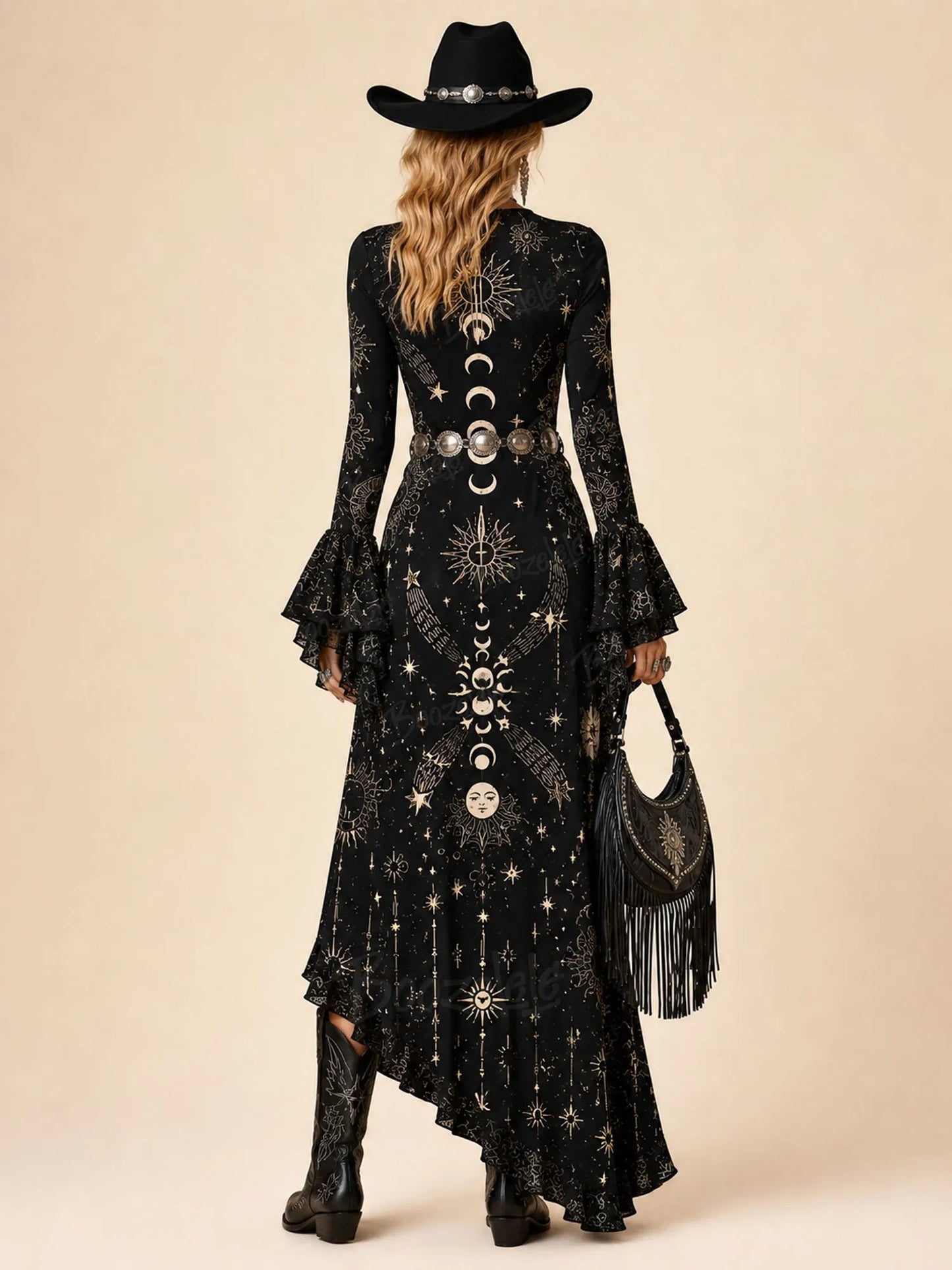 Perfect for Music Festival Vibes — 2026 S/W, Women’s, Mystical Celestial Black, Intricate Gold-Foil Print Bell-Sleeve Maxi Dress(No Belt)
