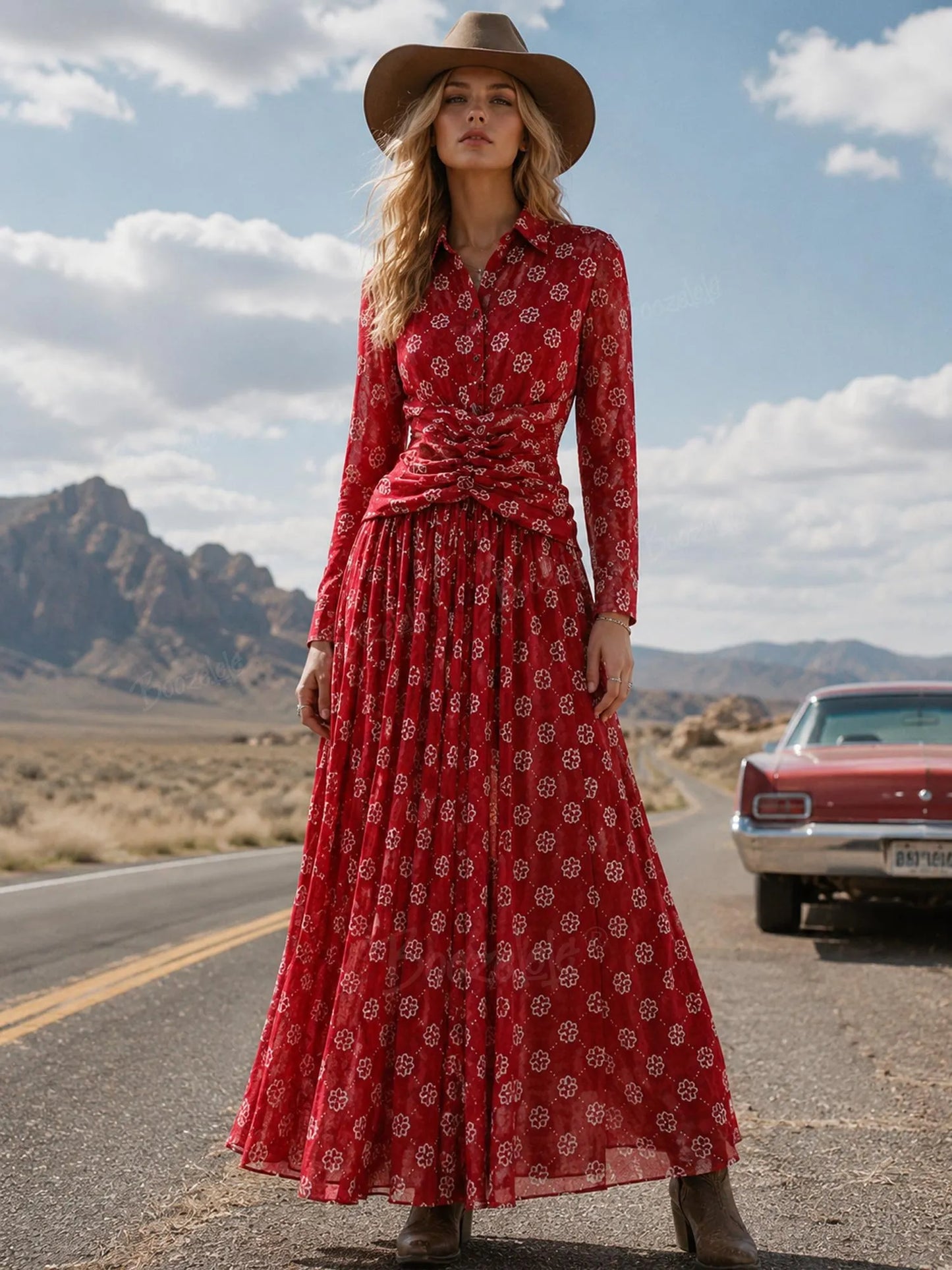Rustic Red Floral Ruched Waist Lapel Long Sleeve Pleated Maxi Shirt Dress