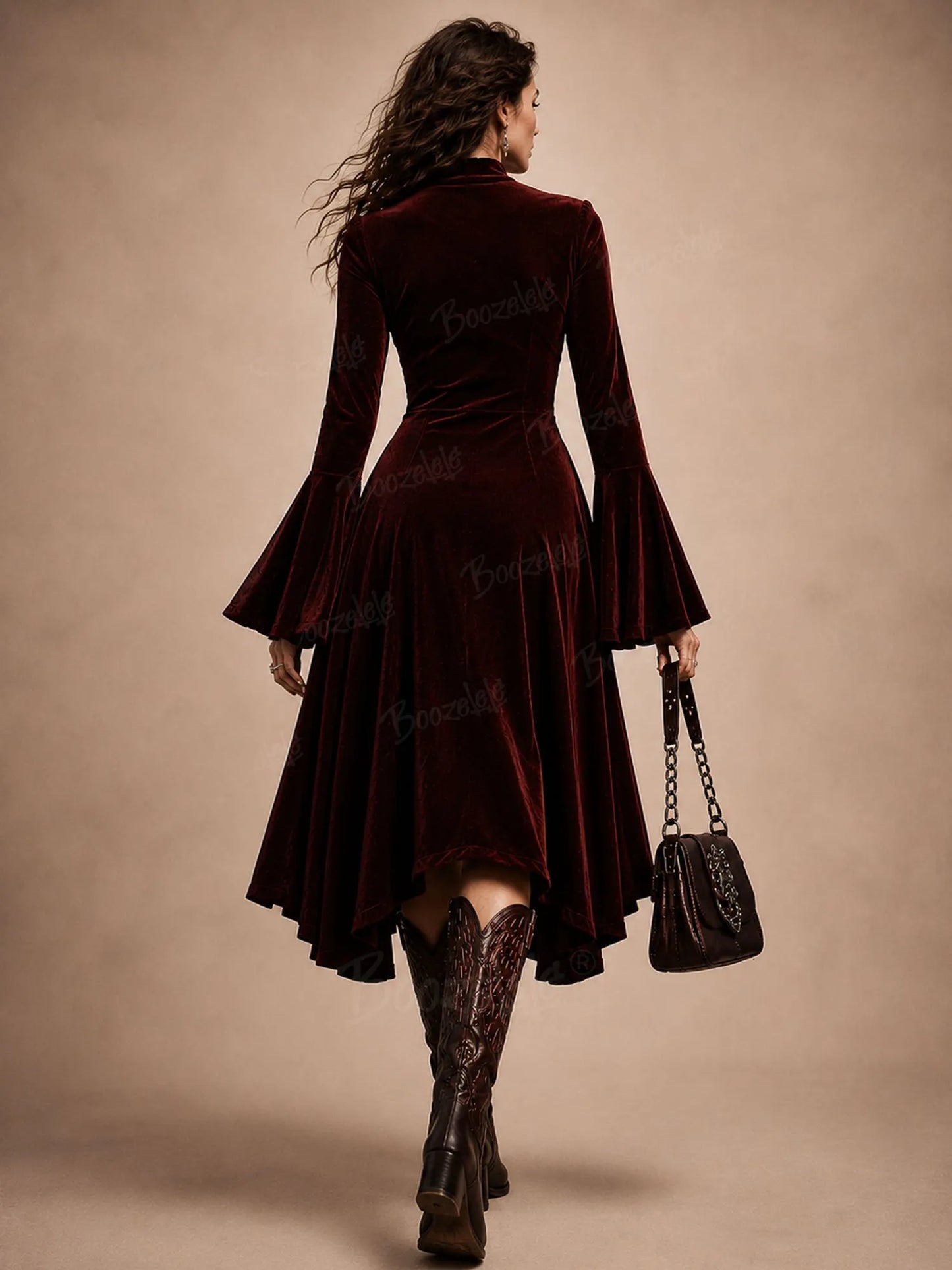 Sophisticated Wine Red Lace-Trimmed Bohemian Romance High-Low Midi Dress