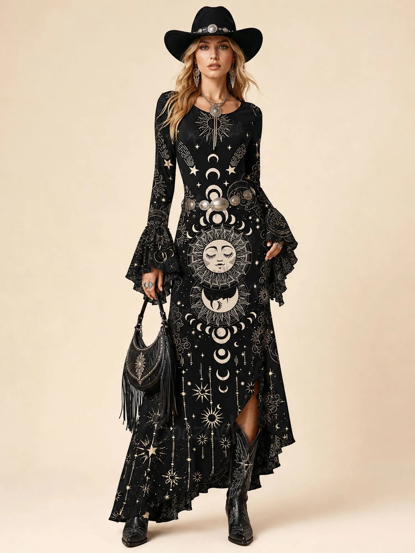 Perfect for Music Festival Vibes — 2026 S/W, Women’s, Mystical Celestial Black, Intricate Gold-Foil Print Bell-Sleeve Maxi Dress(No Belt)