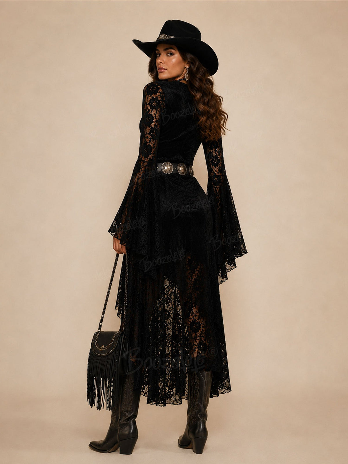 Ideal For Western Cowboy Core Style Street Photography — Dark Charcoal Scalloped  V-Neck Luxury Velvet Flare Sleeve Gown Midi Dress(No Belt)