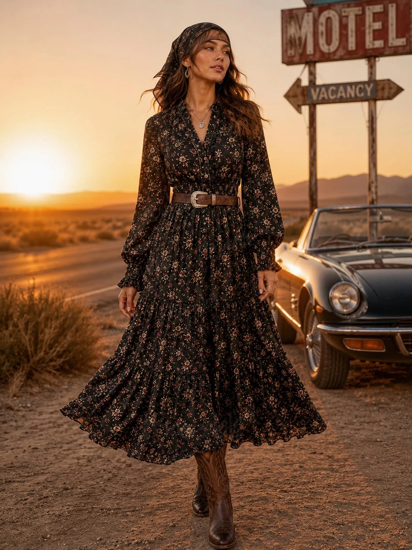 Midnight Black Vintage Floral Tiered Ruffle Premium Woven Women's Maxi Dress