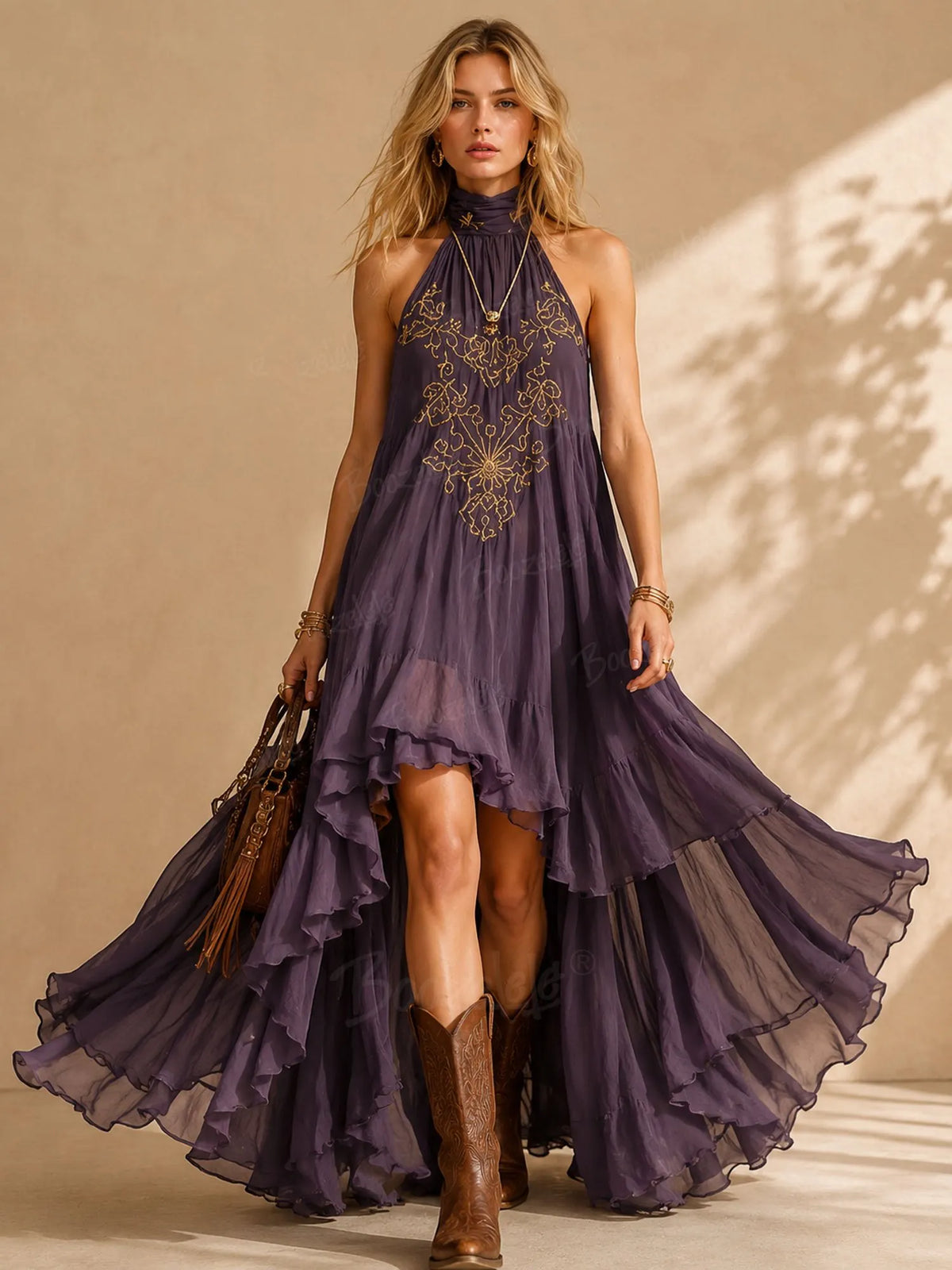 Festival Showstopper — 2026 S/S Vintage Purple Semi-Sheer Chiffon Layered Asymmetric Flared Gown Maxi Dress