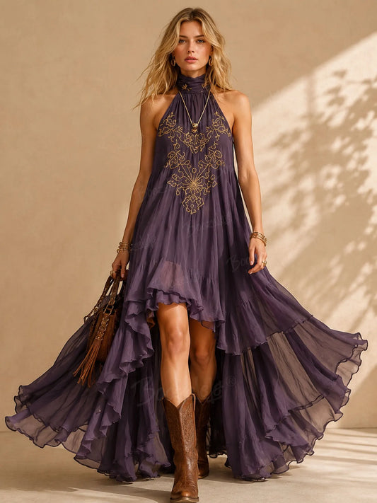 Festival Showstopper — 2026 S/S Vintage Purple Semi-Sheer Chiffon Layered Asymmetric Flared Gown Maxi Dress