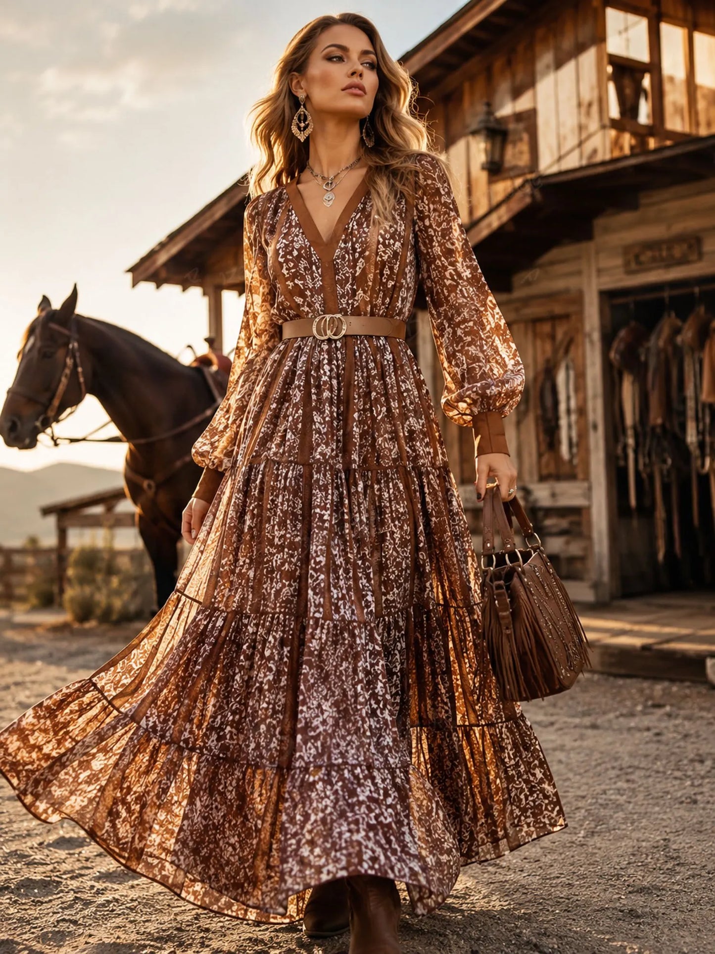Brown Vintage Floral Deep V Lantern Sleeve Tiered Maxi Dress