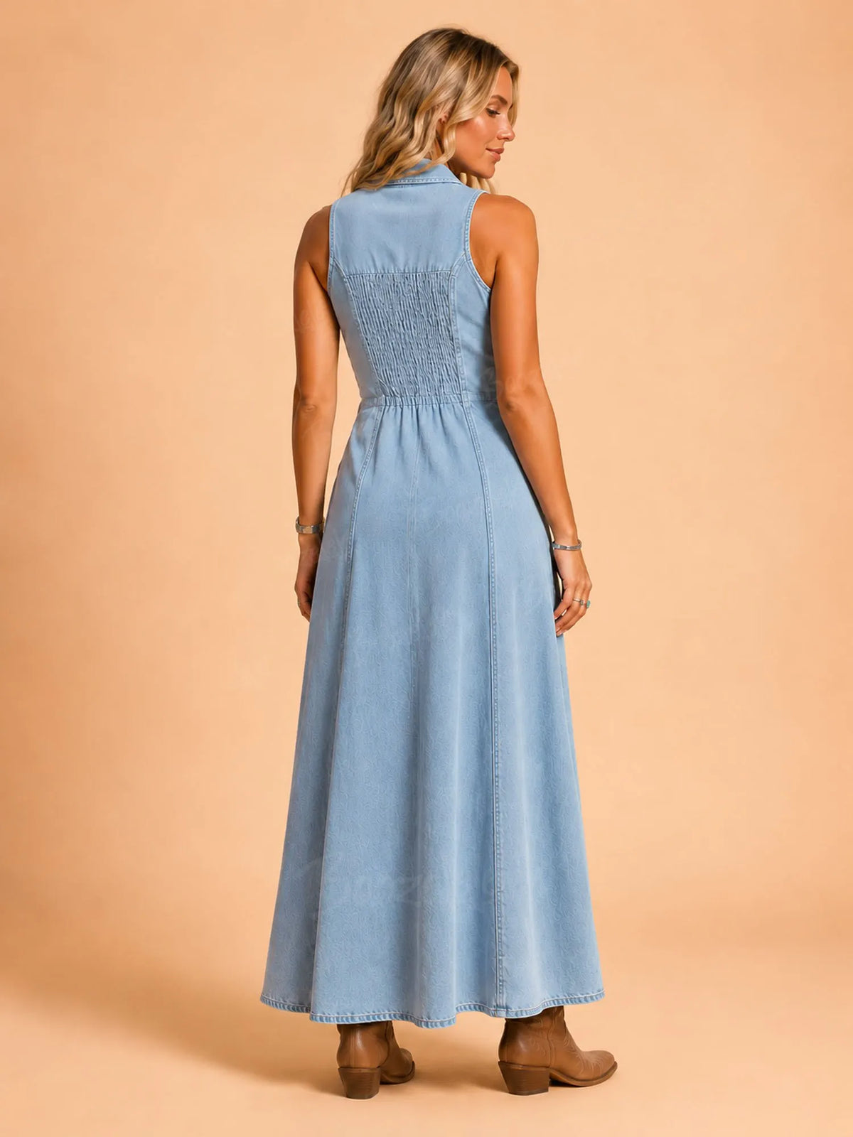 2026 SS Western Romance — Light Wash Heavy Denim Lapel-Neck Halter Button-Front Maxi Dress