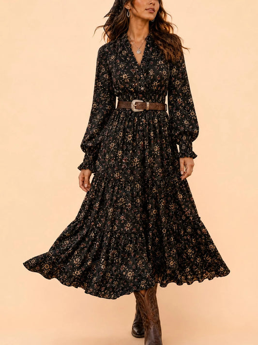Midnight Black Vintage Floral Tiered Ruffle Balloon Sleeve Smocked Waist Maxi Dress