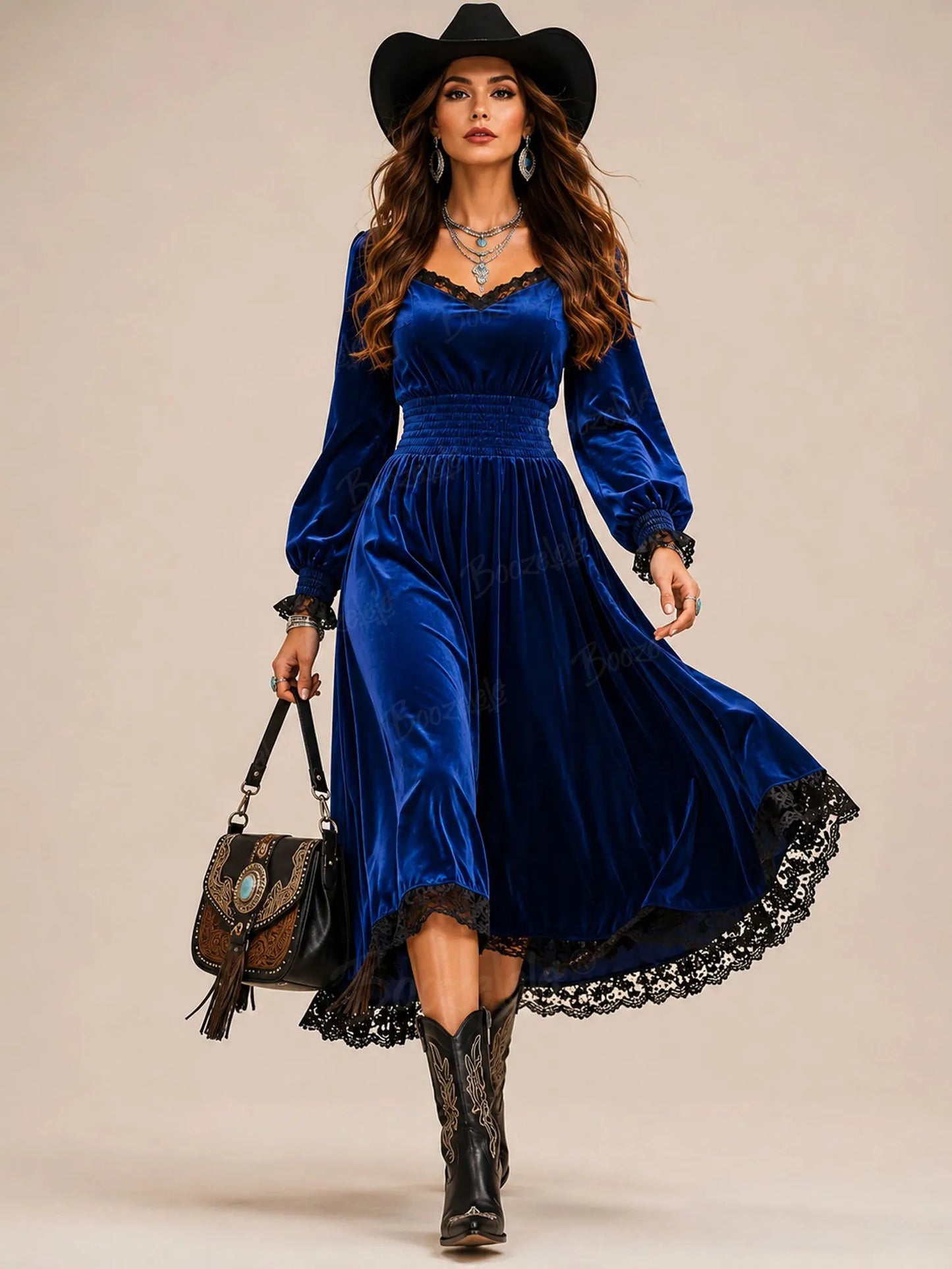 Red Modern Western Lace-Detail Velvet Midi Dress