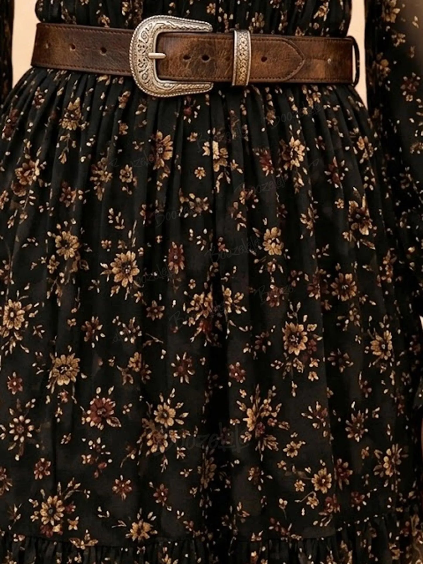 Midnight Black Vintage Floral Tiered Ruffle Premium Woven Women's Maxi Dress