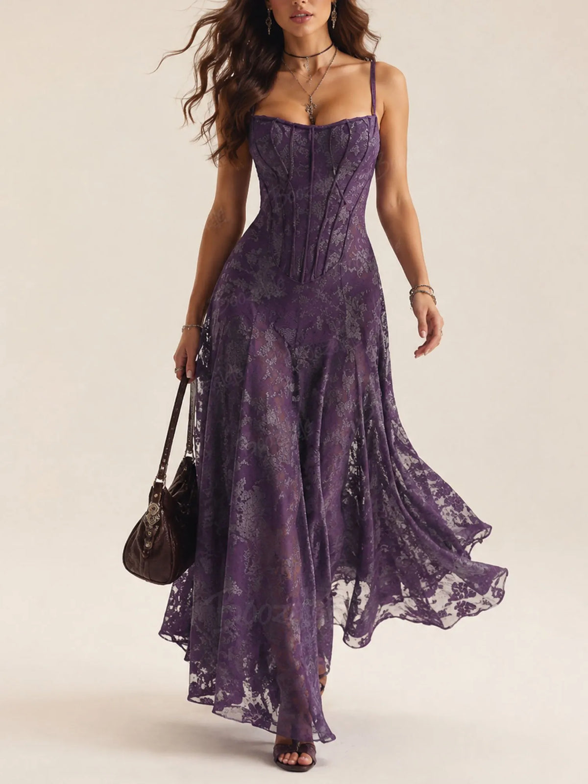 Perfect for a Western Ranch Gala — Deep Purple Lace 2026 Spring/Autumn Women’s Corset Maxi Dress