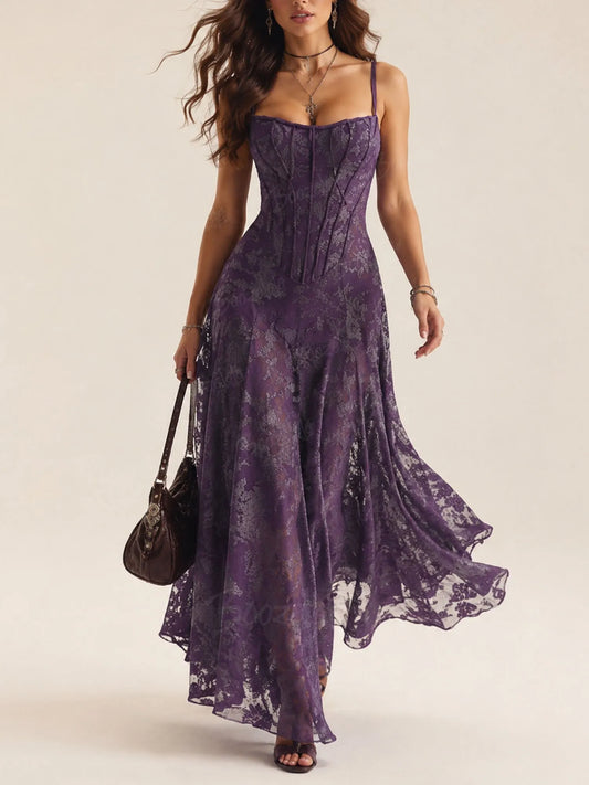 Perfect for a Western Ranch Gala — Deep Purple Lace 2026 Spring/Autumn Women’s Corset Maxi Dress