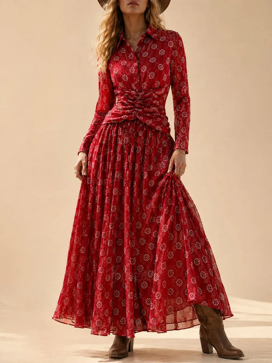 Rustic Red Floral Ruched Waist Lapel Long Sleeve Pleated Maxi Shirt Dress