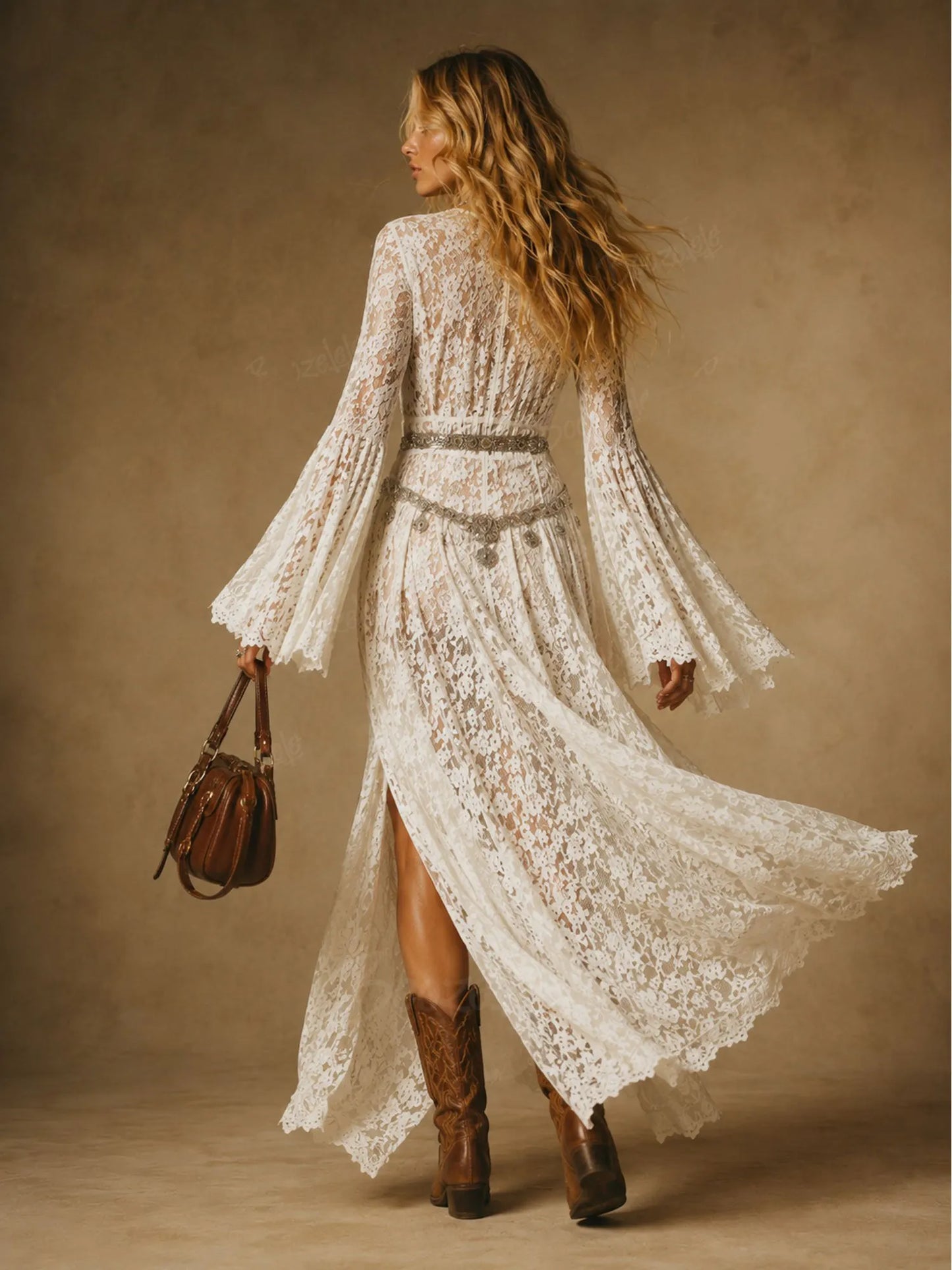 White Cutout Lace Deep V Bell Sleeve Slit Maxi Dress