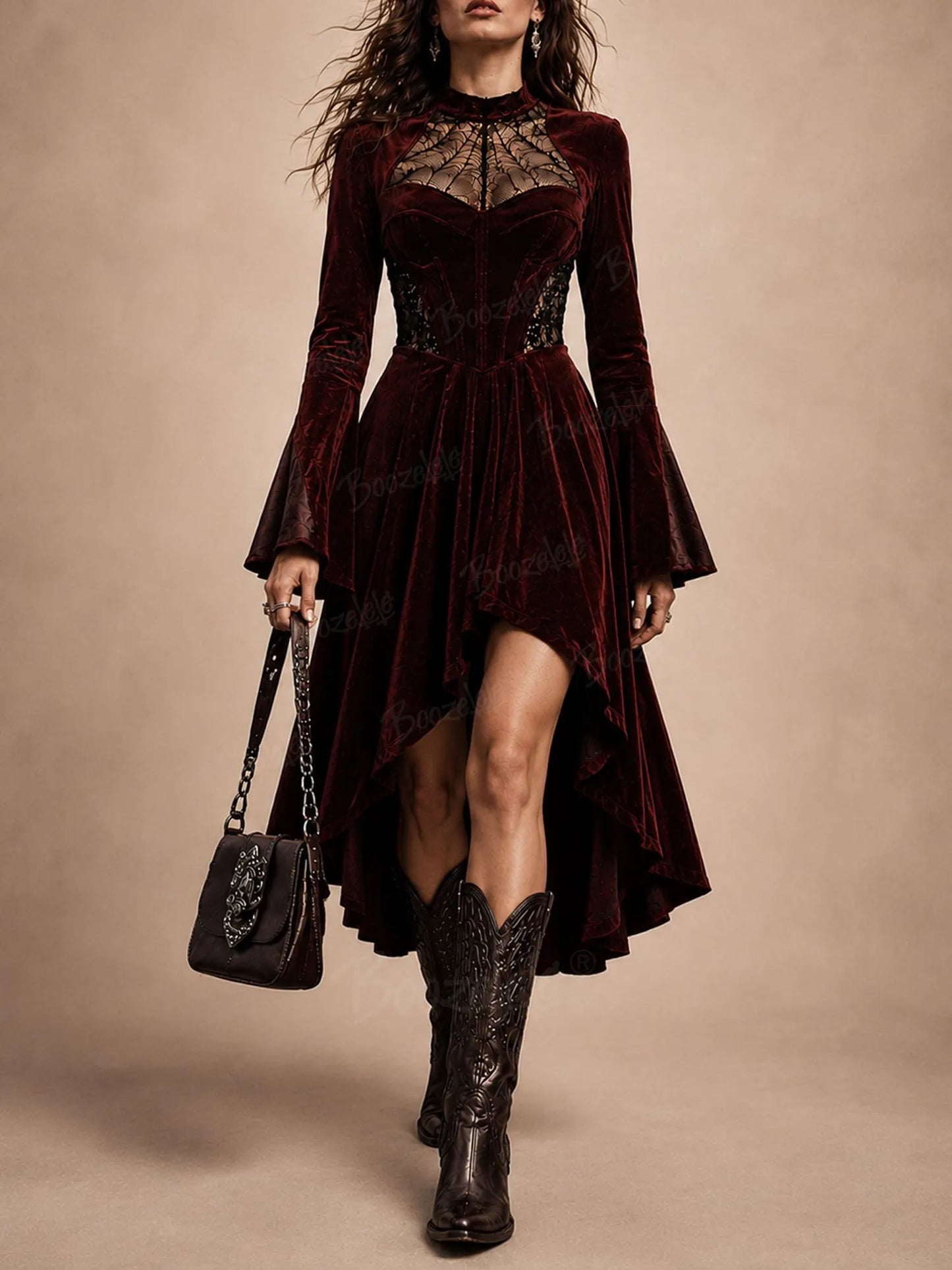 Sophisticated Wine Red Lace-Trimmed Bohemian Romance High-Low Midi Dress