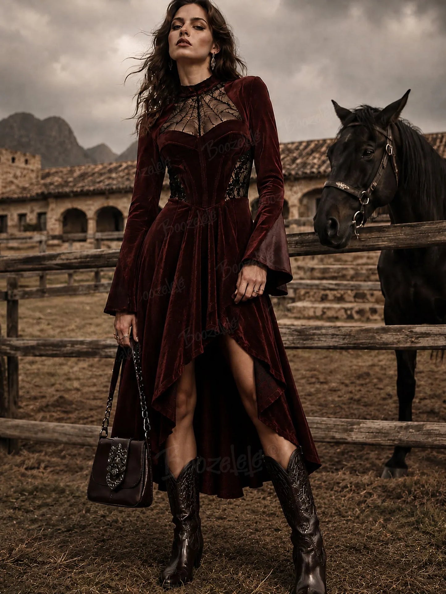 Sophisticated Wine Red Lace-Trimmed Bohemian Romance High-Low Midi Dress