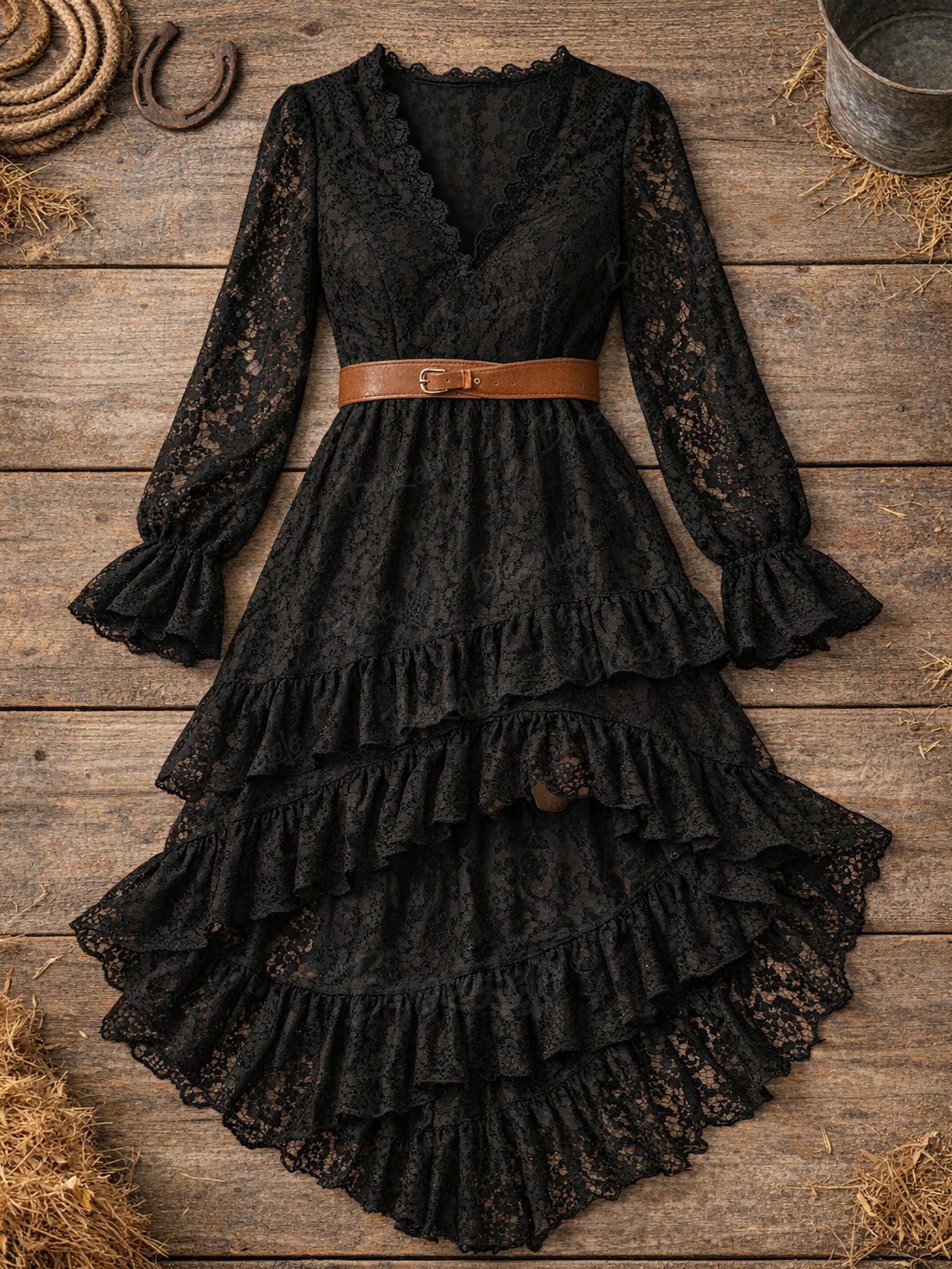 Gothic Western Lace Ruffle Dress - Black High-Low Hem Dress with Brown Leather Belt