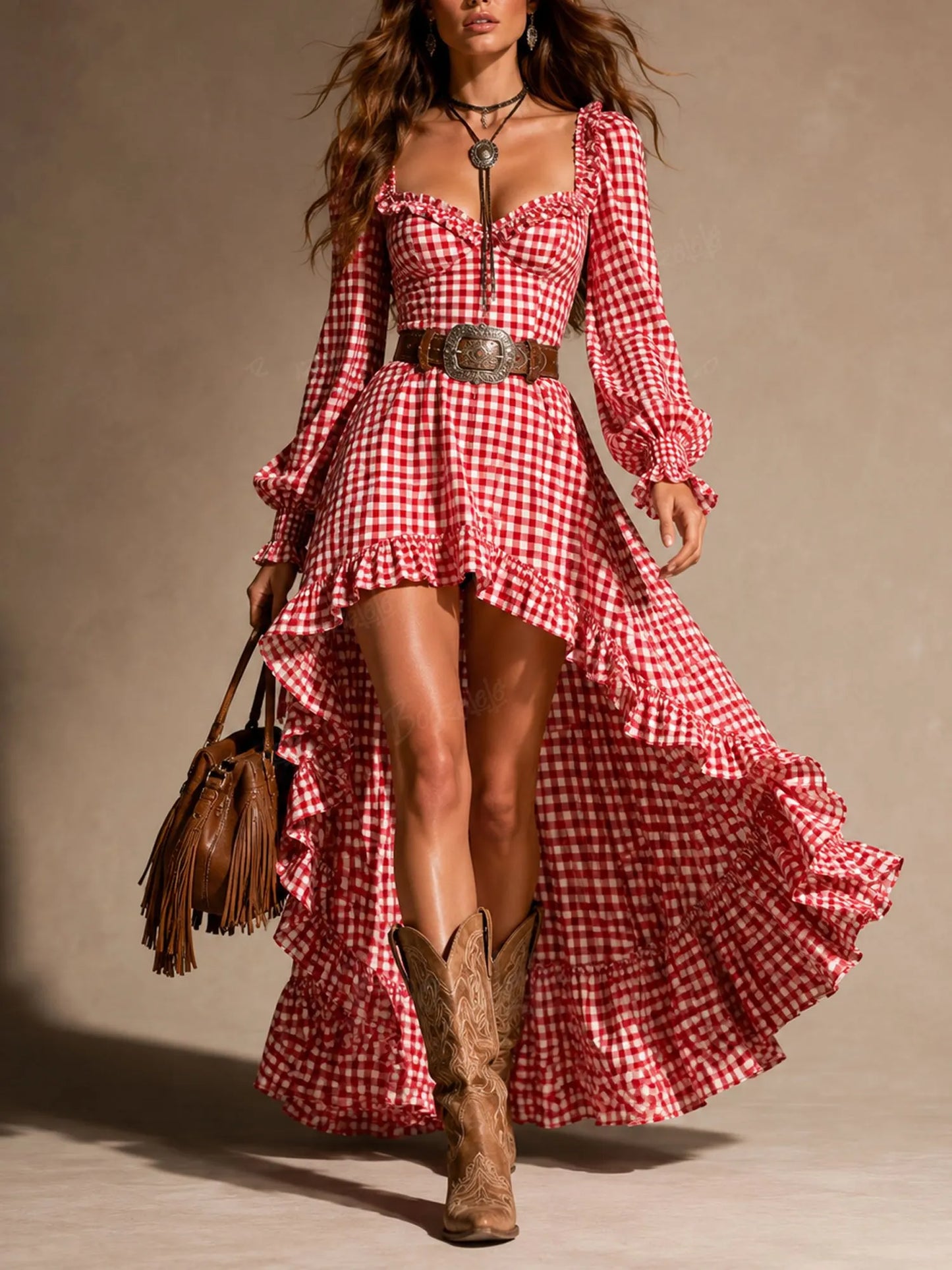 Vacation-Ready Red Gingham High-Low Ruffled Maxi Dress