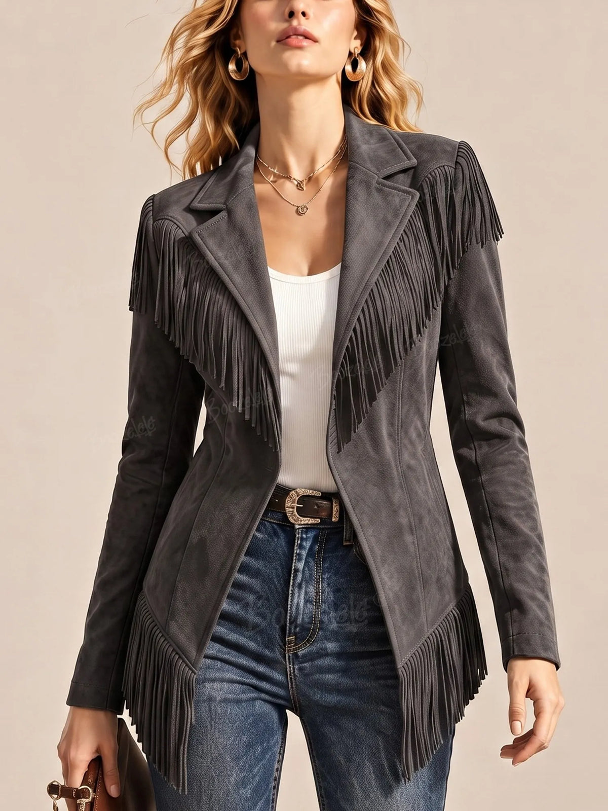 Perfect for an autumn trip to the West — Western-style faux suede long-sleeved jacket for women.