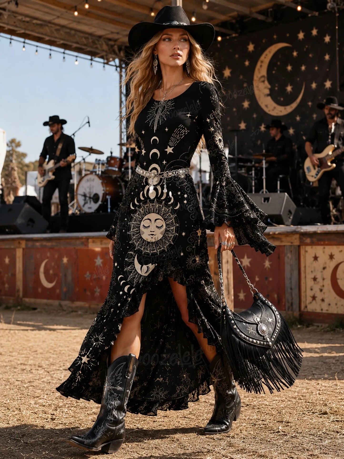 Perfect for Music Festival Vibes — 2026 S/W, Women’s, Mystical Celestial Black, Intricate Gold-Foil Print Bell-Sleeve Maxi Dress(No Belt)