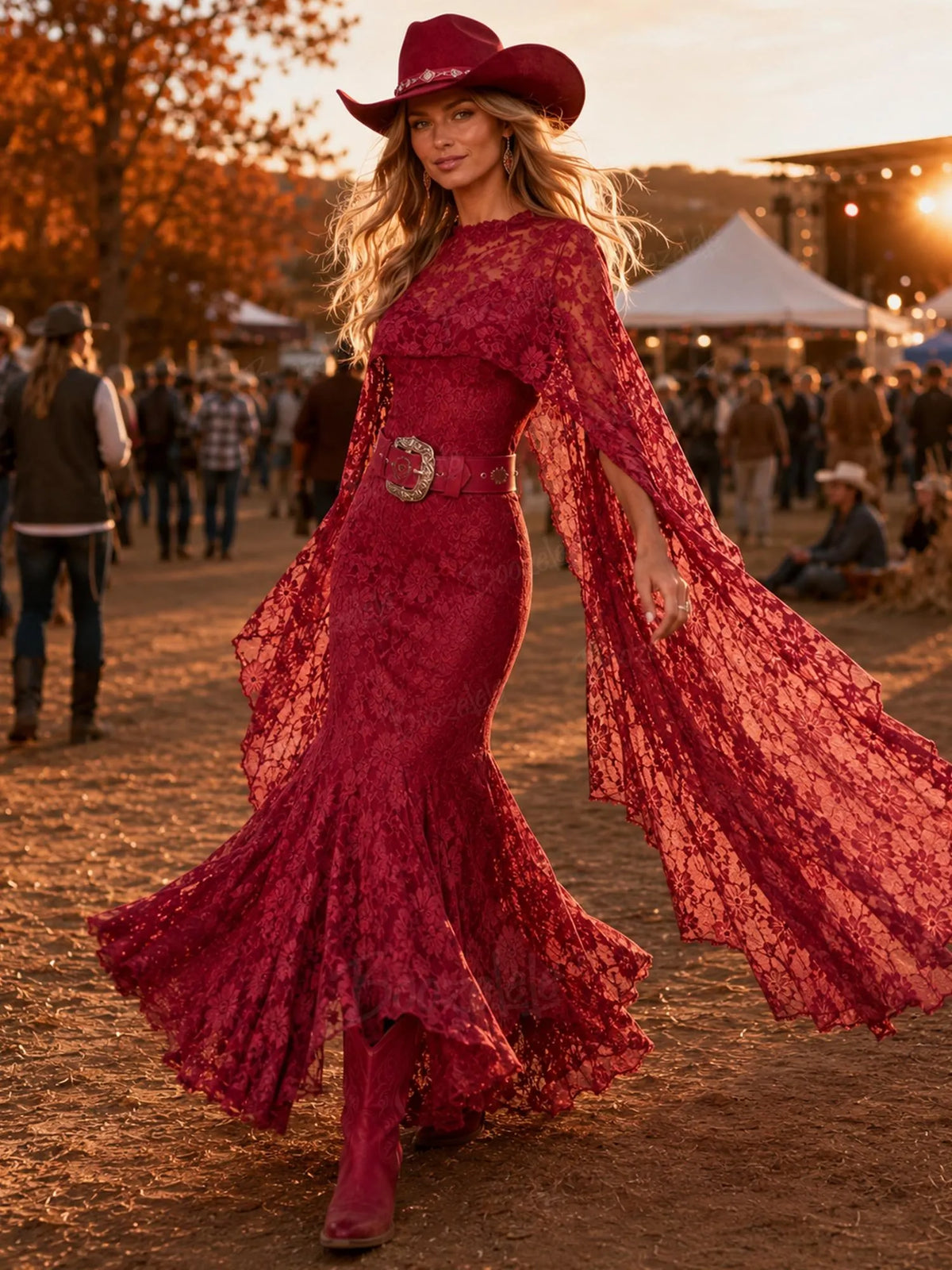 Perfect for a Western Country Wedding Guest — Women's dark brown, slim-fit,  featuring a lace shawl with ribbon ties Maxi Dress.