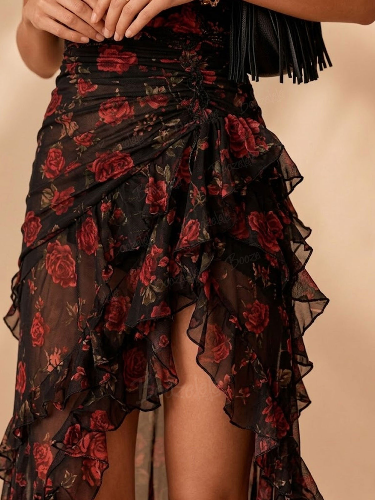 Festival Showstopper — 2026 S/S Vintage Red & Black Semi-Sheer Chiffon Ruched High-Slit Gown Midi Dress