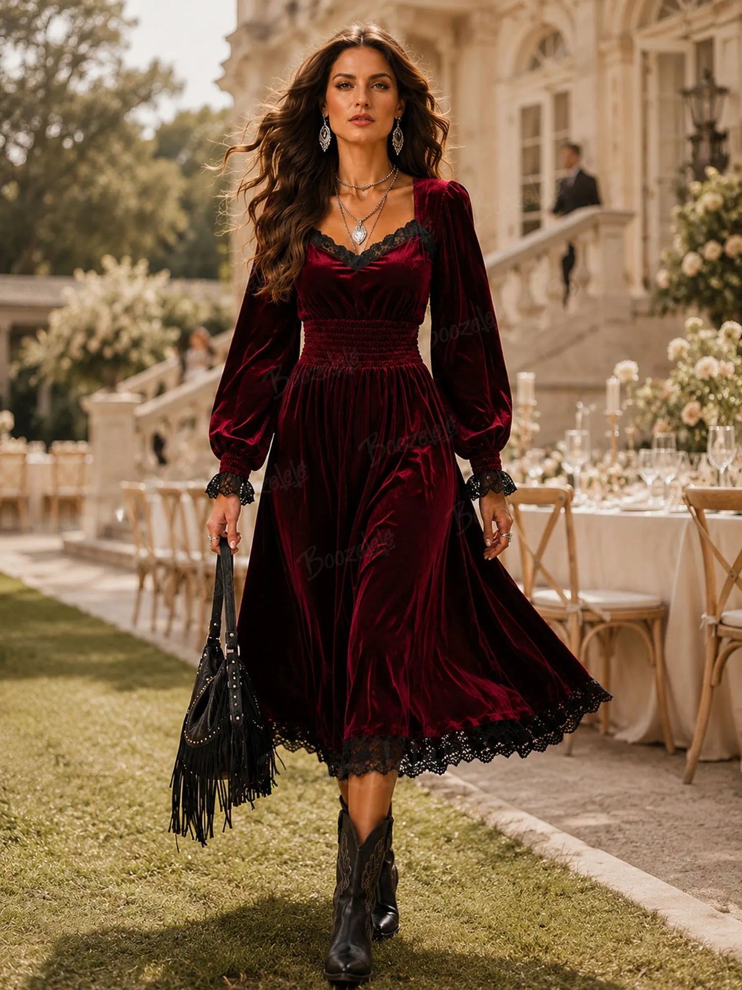 Red Modern Western Lace-Detail Velvet Midi Dress