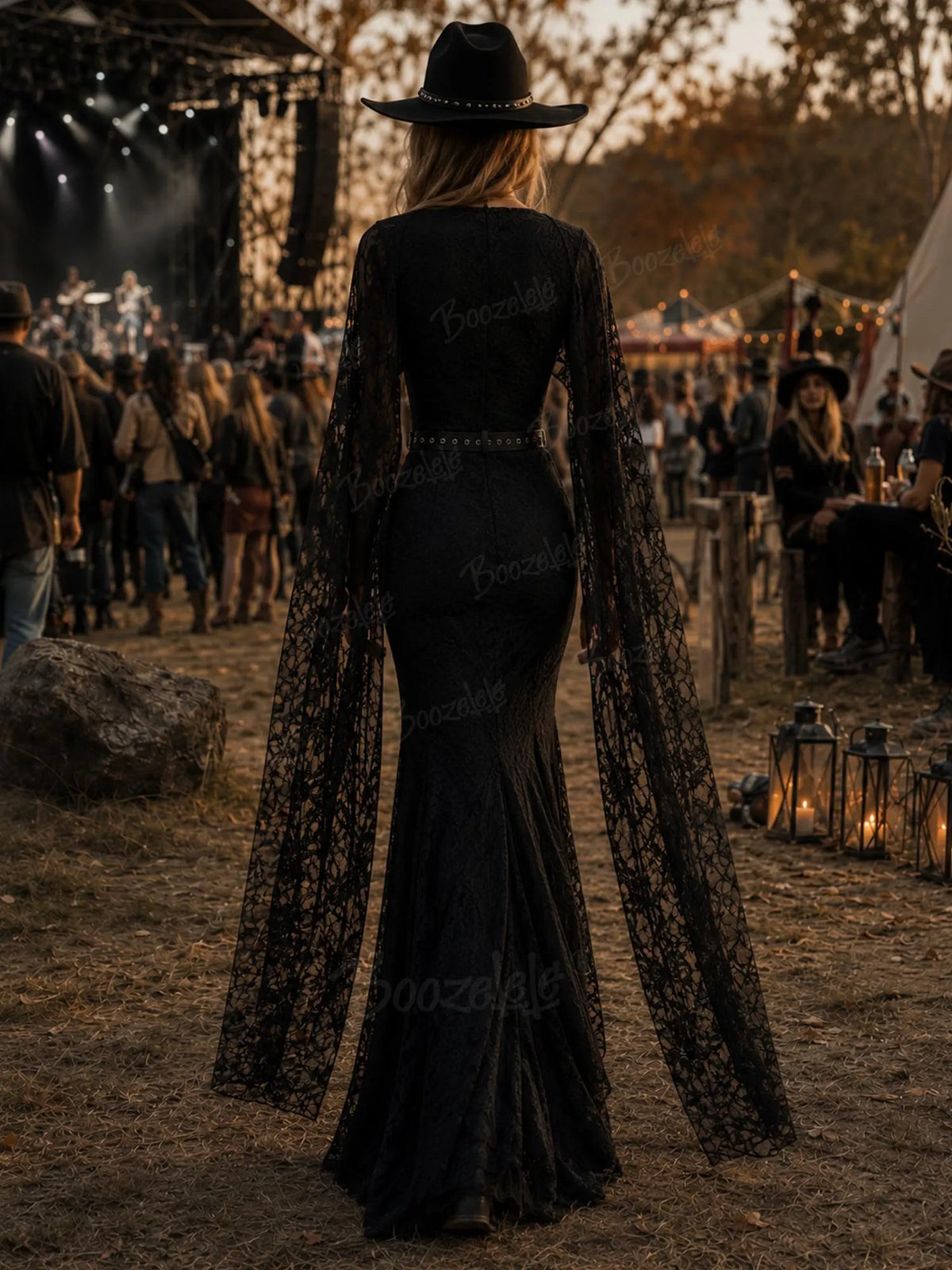 Perfect for a Western Country Wedding Guest — Women's dark brown, slim-fit,  featuring a lace shawl with ribbon ties Maxi Dress.