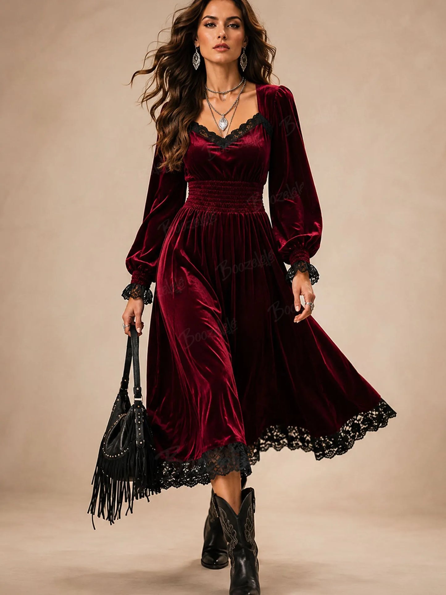 Red Modern Western Lace-Detail Velvet Midi Dress