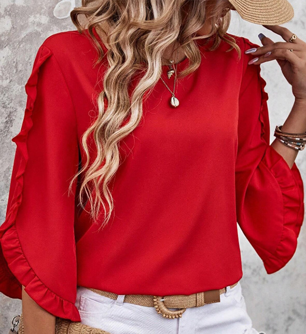 Solid Round Neck Irregular Ruffle Three Quater Sleeve Top