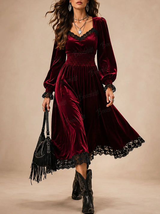 Red Modern Western Lace-Detail Velvet Midi Dress
