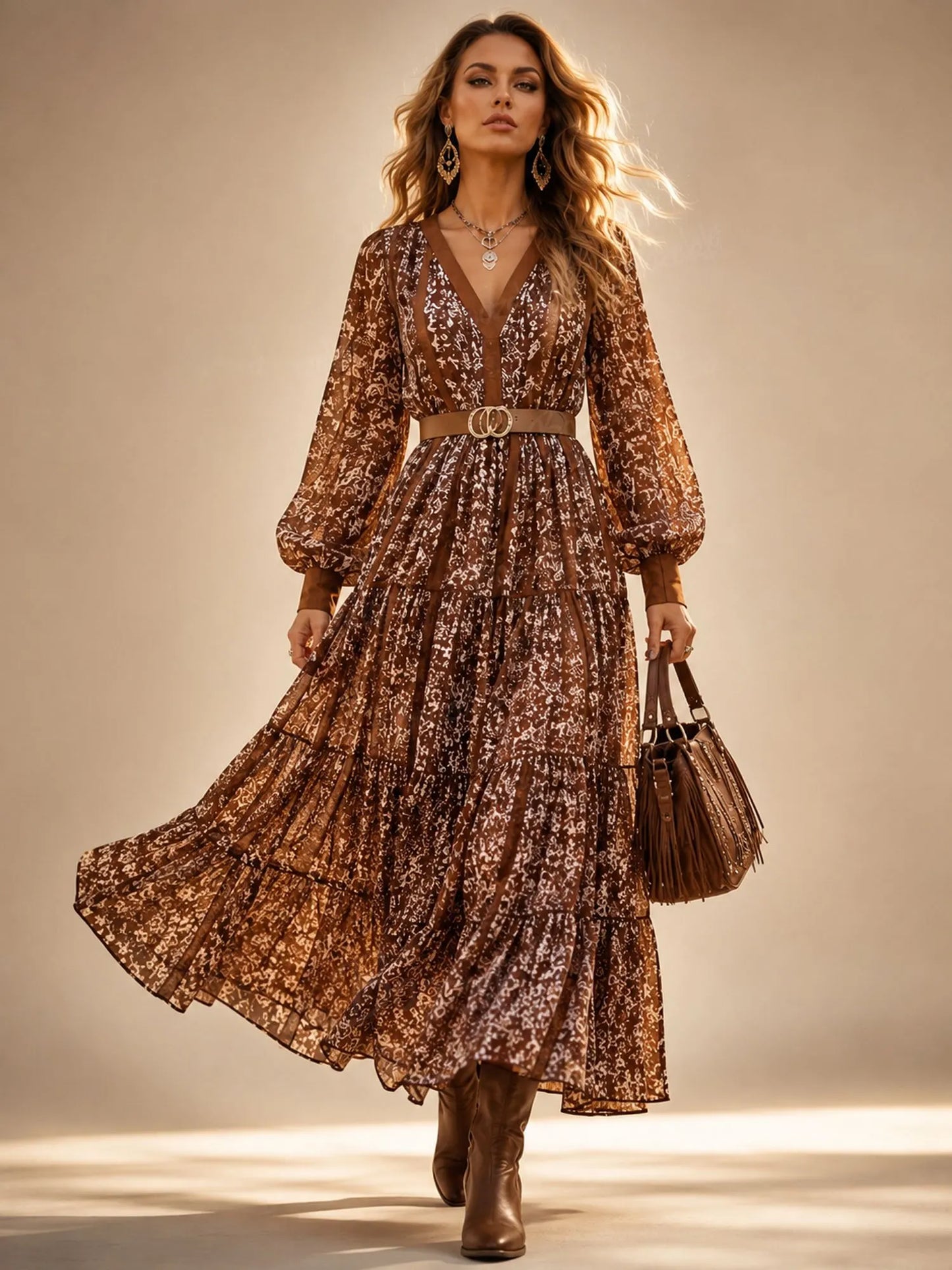 Brown Vintage Floral Deep V Lantern Sleeve Tiered Maxi Dress