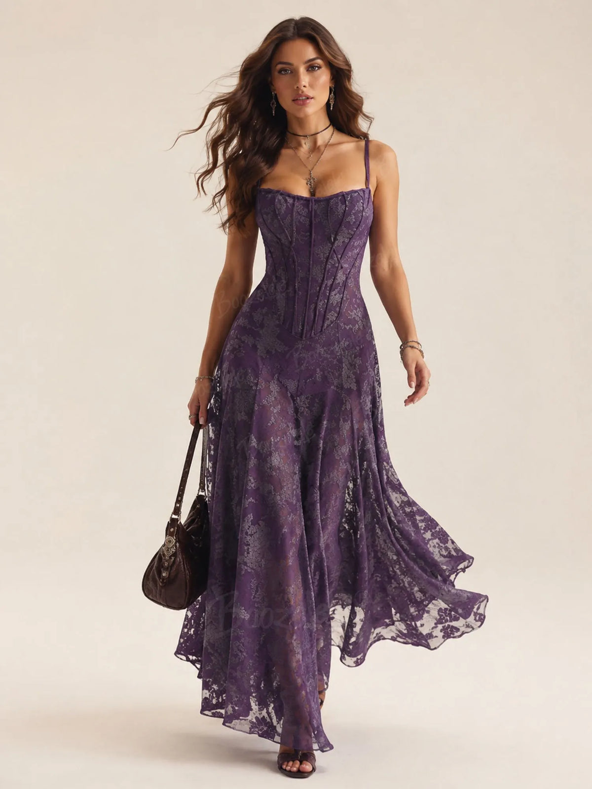 Perfect for a Western Ranch Gala — Deep Purple Lace 2026 Spring/Autumn Women’s Corset Maxi Dress