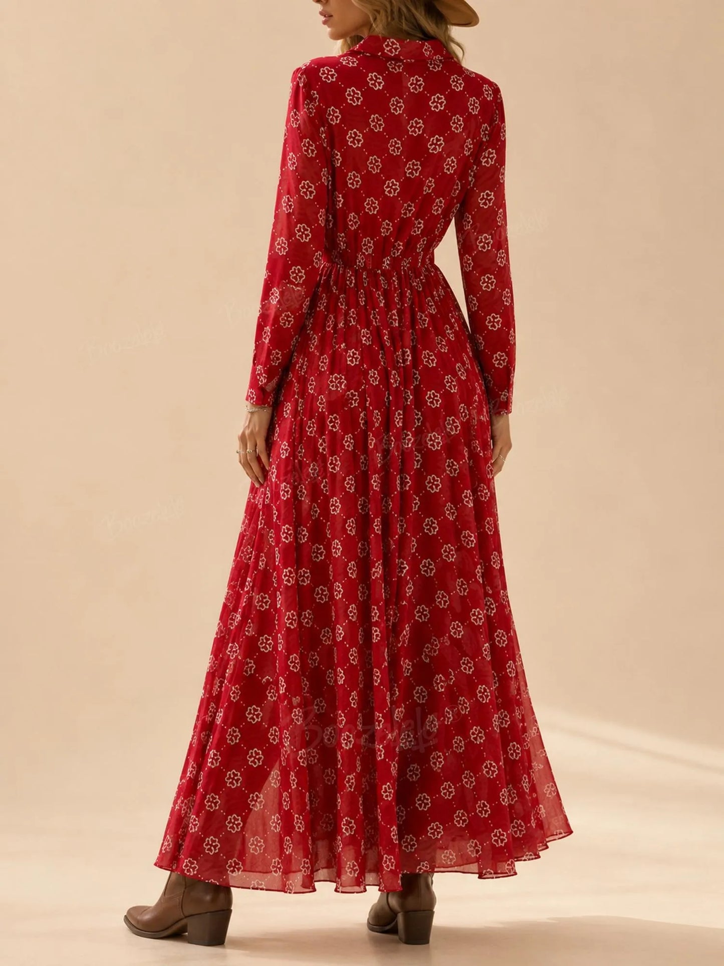 Rustic Red Floral Ruched Waist Lapel Long Sleeve Pleated Maxi Shirt Dress