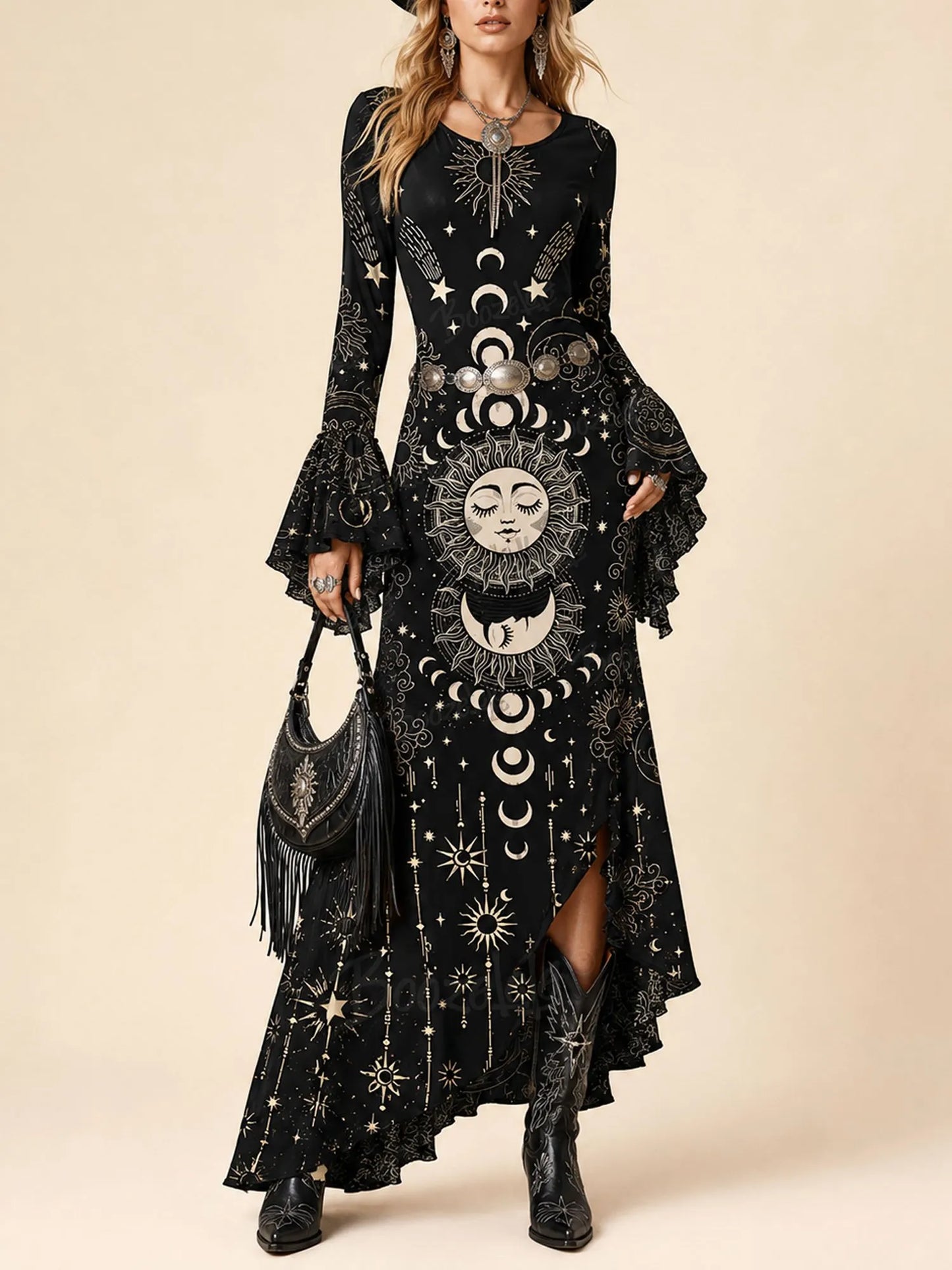 Perfect for Music Festival Vibes — 2026 S/W, Women’s, Mystical Celestial Black, Intricate Gold-Foil Print Bell-Sleeve Maxi Dress(No Belt)