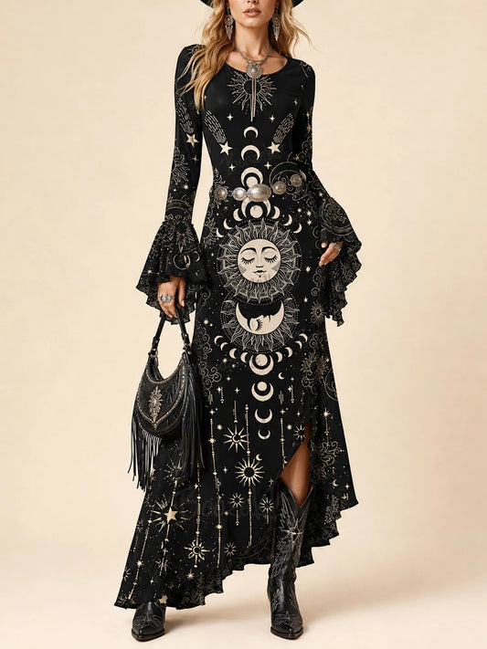 Black Gold Foil Celestial Print Bell Sleeve Slit Boho Maxi Dress