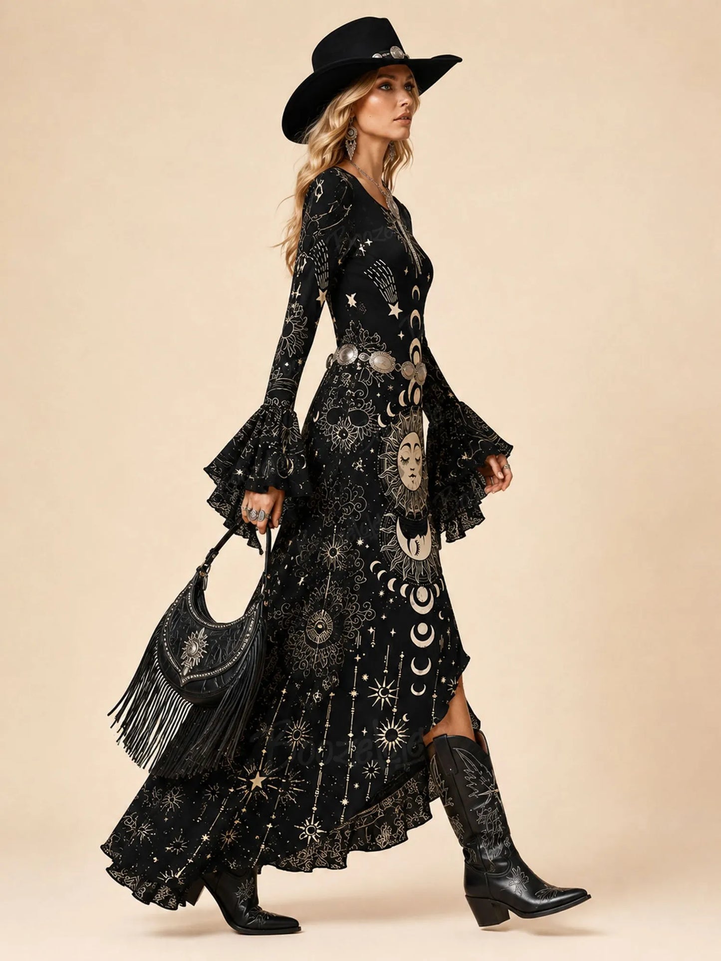 Perfect for Music Festival Vibes — 2026 S/W, Women’s, Mystical Celestial Black, Intricate Gold-Foil Print Bell-Sleeve Maxi Dress(No Belt)