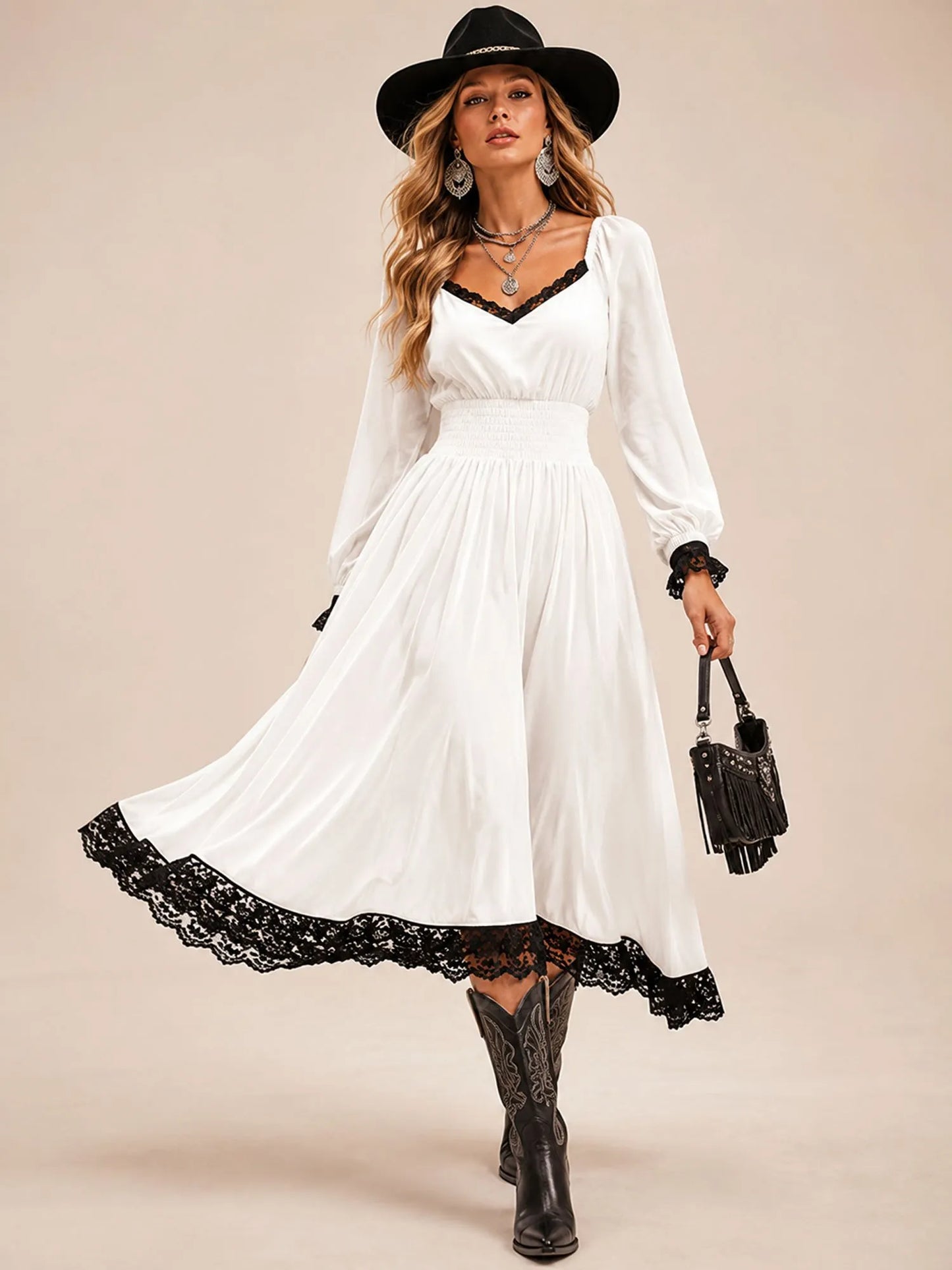 Red Modern Western Lace-Detail Velvet Midi Dress