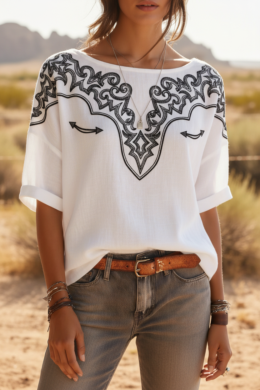 White Black Western Stitch Top